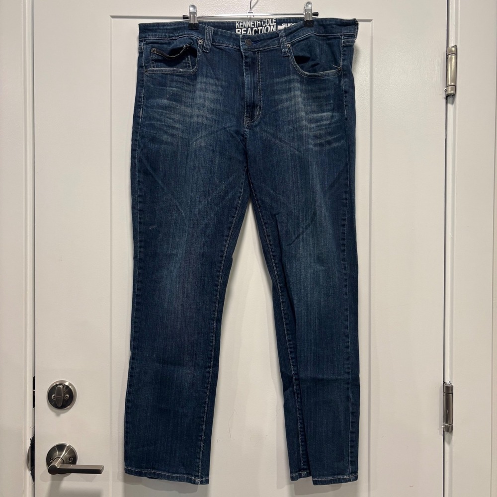 Kenneth Cole Reaction Mens Super Slim Dark Wash Blue Denim Jeans 36x30